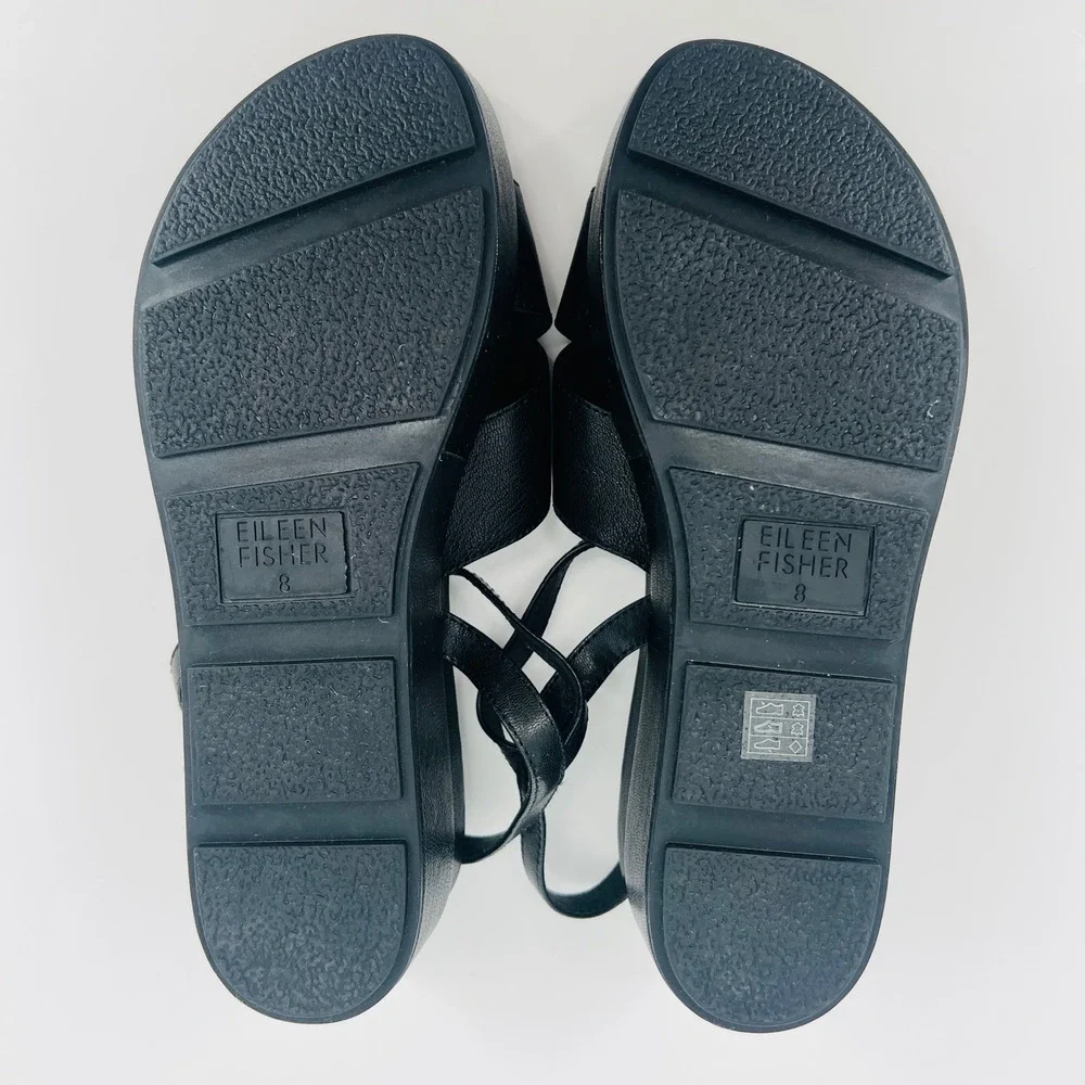 Eileen Fisher Juno Platform Sandals Women 8 Black Leather Chunky Strappy Buckle
